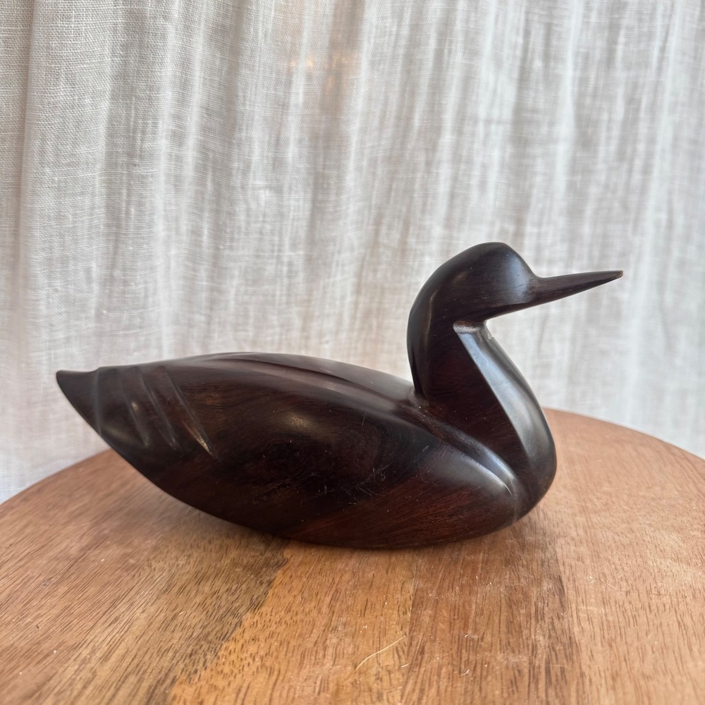 Vintage Wooden Duck Figurine Heavy Dark Wood Hand Carved Desk Shelf Decor